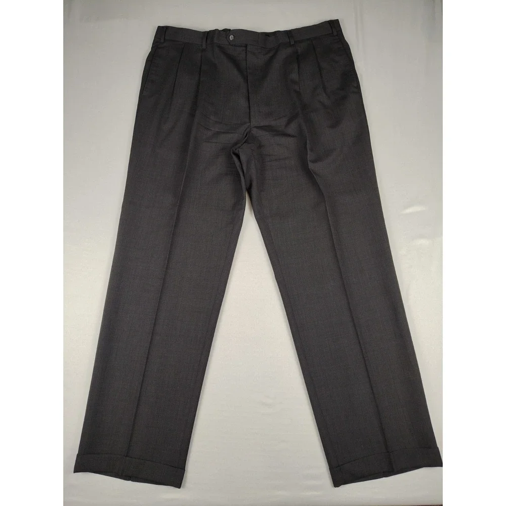 Jos A Bank Men's 48L 44x32 Charcoal 100% Wool 2 Piece Suit Pants Pleated Cuffed